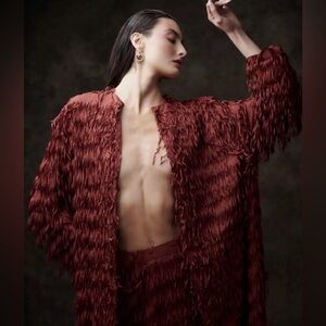 Zara Maroon Textured Fringe Long Cape Jacket Size S